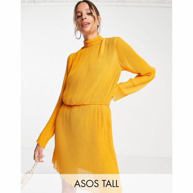 エイソス ASOS Tall レディース ワンピース ミニ丈 ワンピース・ドレス Tall High Neck Chiffon Plisse Mini Dress In Mustard マスター