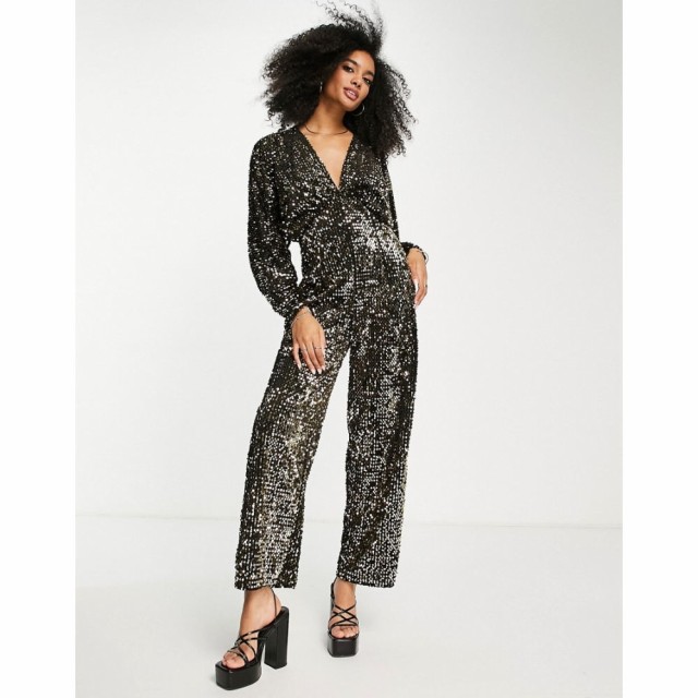 エイソス ASOS DESIGN レディース オールインワン ジャンプスーツ ワンピース・ドレス Sequin Plunge Kimono Sleeve Jumpsuit In Gold ゴ