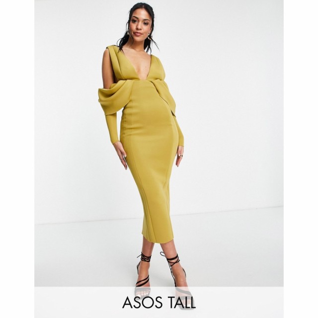 エイソス ASOS Tall レディース ワンピース タイト ワンピース・ドレス Tall Drape Sleeve Plunge Neck Pencil Dress In Olive オリーブ