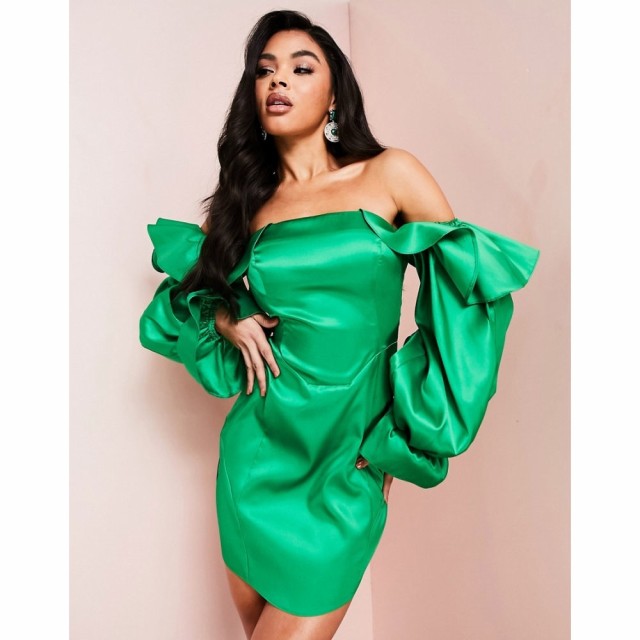 エイソス ASOS Luxe レディース ボディコンドレス タイト Asos Luxe Satin Bardot Bodycon Dress With Puff Sleeves In Bright Green ブ