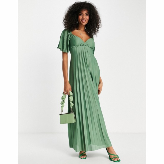 エイソス ASOS DESIGN レディース ワンピース マキシ丈 ワンピース・ドレス Pleated Twist Back Cap Sleeve Maxi Dress In Sage セージ