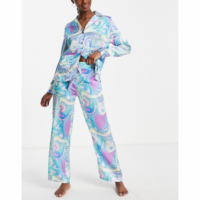 リカリッシュ Liquorish レディース パジャマ・上下セット インナー・下着 Satin Long Pyjama Set In Pastel Marble Print ブルー/ピンク