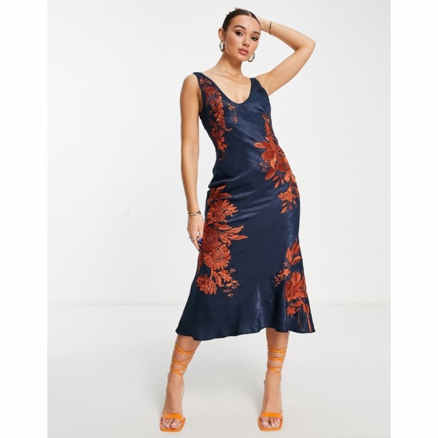 エイソス ASOS DESIGN レディース ワンピース スリップドレス ミドル丈 Bias Cut Midi Slip Dress In Satin With Contrast Floral Embroi