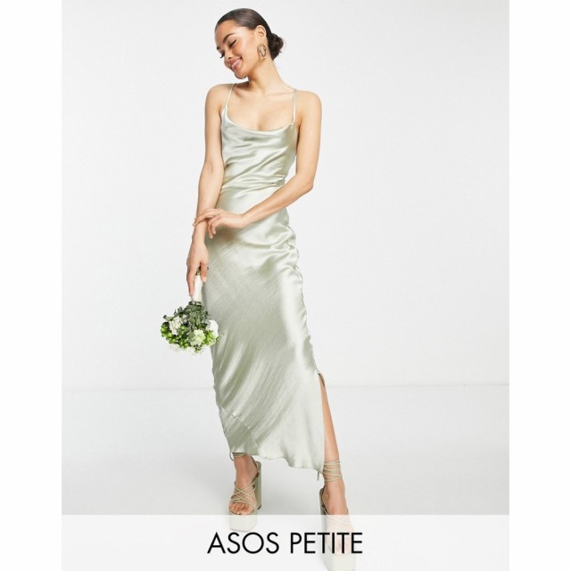 エイソス ASOS Petite レディース パーティードレス Petite Bridesmaid Cami Maxi Slip Dress In High Shine Satin With Lace Up Back In