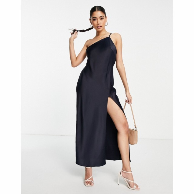 エイソス ASOS DESIGN レディース ワンピース ワンピース・ドレス One Shoulder Midaxi Dress In Satin With Drape Back In Navy ネイビ