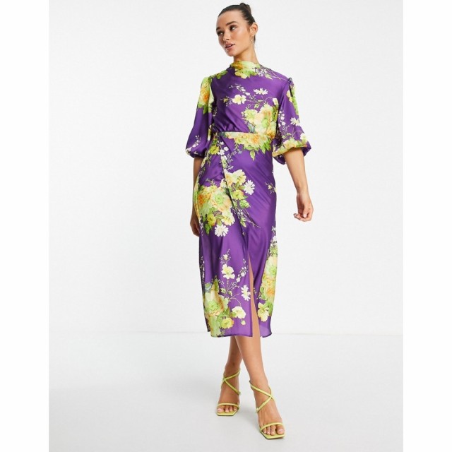 エイソス ASOS DESIGN レディース ワンピース ワンピース・ドレス Pleat Cowl Neck Satin Midi Tea Dress With Puff Sleeve In Purple Fl