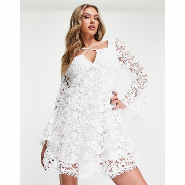 エイソス ASOS DESIGN レディース ワンピース ミニ丈 ワンピース・ドレス Crochet Lace Cross Strap Mini Dress With Flare Sleeves In W