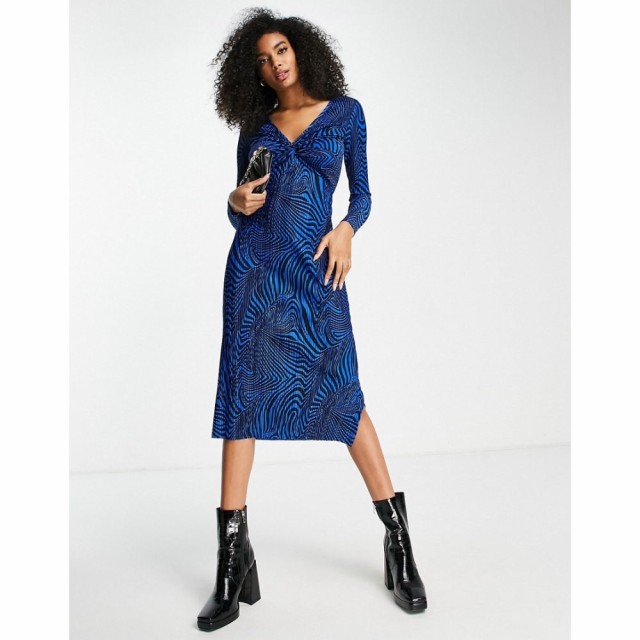 エイソス ASOS DESIGN レディース ワンピース ミドル丈 ワンピース・ドレス Plisse Long Sleeve Knot Front Midi In Swirl Print Blue An