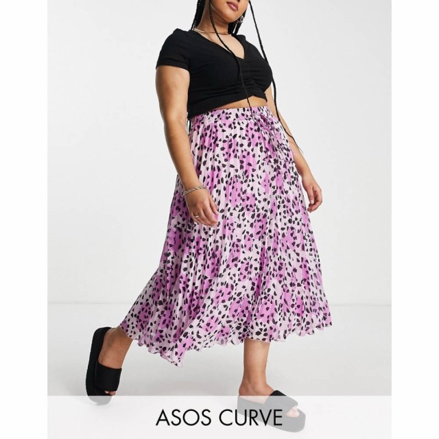 エイソス ASOS DESIGN レディース ひざ丈スカート プリーツスカート Curve Pleated Midi Skirt With Shirred Wasitband In Pink Abstract