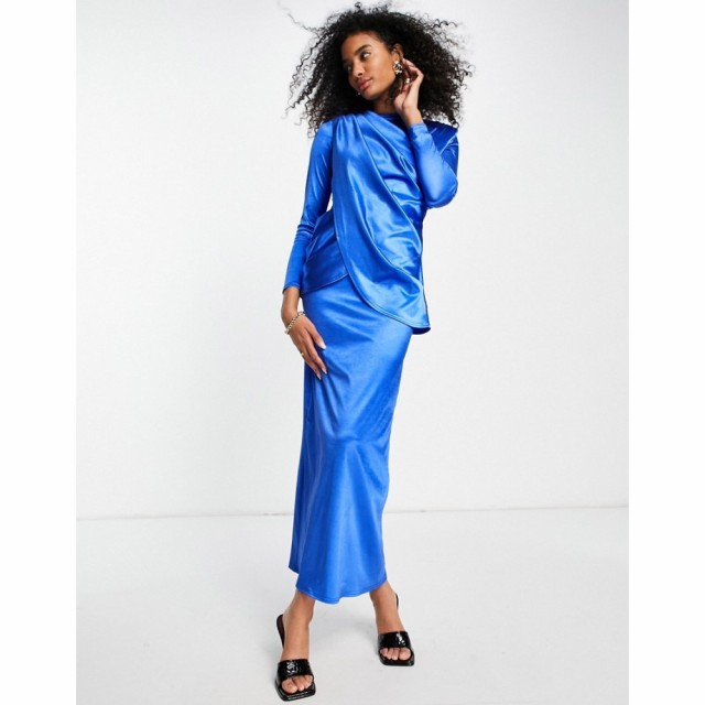 エイソス ASOS DESIGN レディース ワンピース マキシ丈 ワンピース・ドレス Long Sleeve Satin Shoulder Pad Drape Maxi Dress In Cobalt