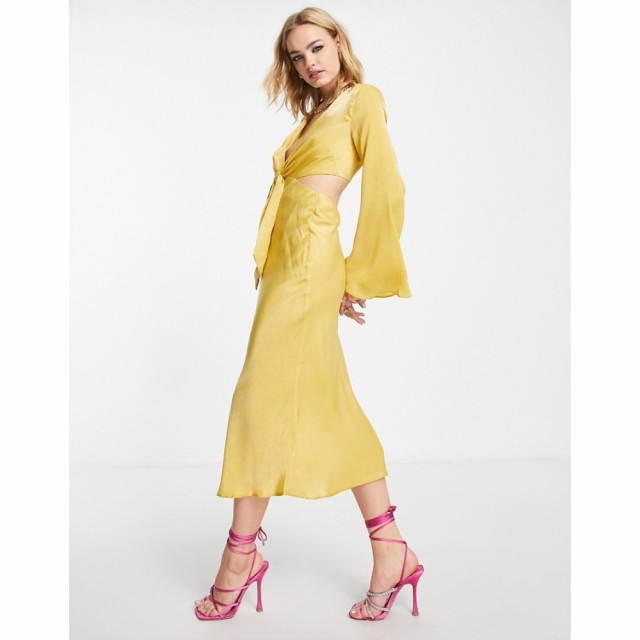 エイソス ASOS DESIGN レディース ワンピース ミドル丈 ワンピース・ドレス Tie Front Satin Midi Dress With Flared Sleeve And Cut Out