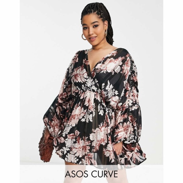 エイソス ASOS Curve レディース ワンピース Curve Satin Stripe Blouson Mini Dress With Ring Detail In Floral Print ブラックフロー