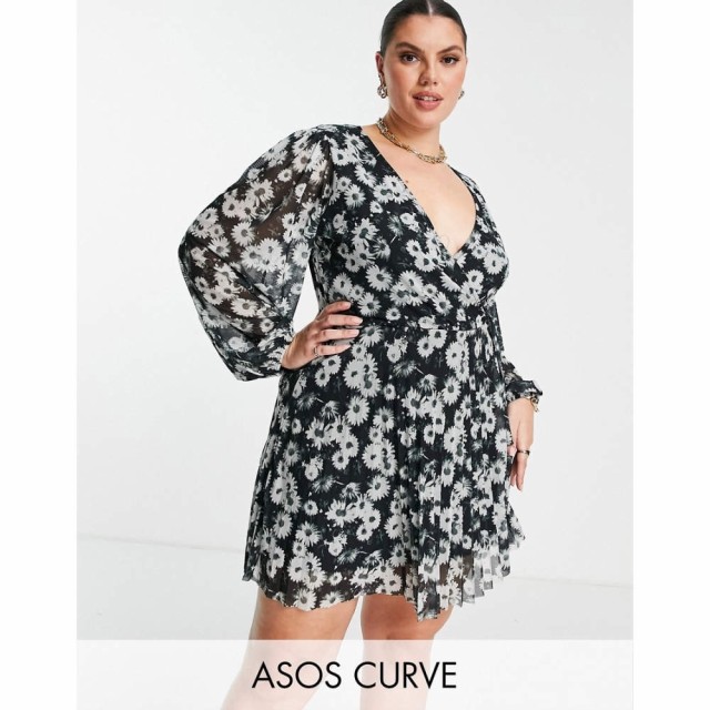 エイソス ASOS DESIGN レディース ワンピース ラップドレス ミニ丈 ワンピース・ドレス Curve Pleated Mini Wrap Dress In Monochrome Fl