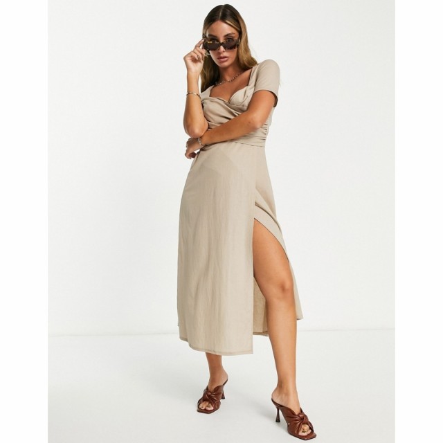 エイソス ASOS DESIGN レディース ワンピース ラップドレス ワンピース・ドレス Short Sleeve Wrap Front Ruched Midi Dress In Stone ベ