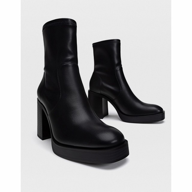 ストラディバリウス Stradivarius レディース ブーツ ショートブーツ シューズ・靴 Platform Heeled Ankle Sock Boot In Black ブラック