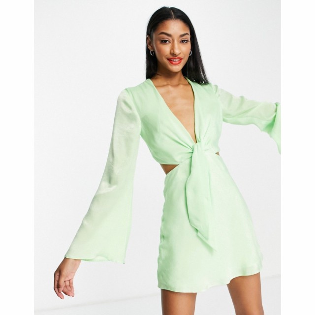 エイソス ASOS DESIGN レディース ワンピース ミニ丈 ワンピース・ドレス Tie Front Satin Mini Dress With Flared Sleeve And Cut Out S