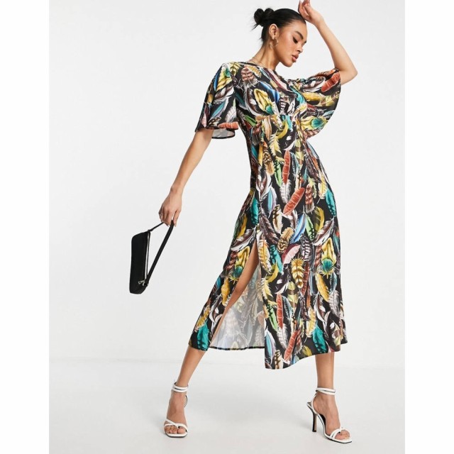 ジョンザック John Zack レディース ワンピース ミドル丈 ワンピース・ドレス Midi Dress With Flutter Sleeve In Feather Print フェザ