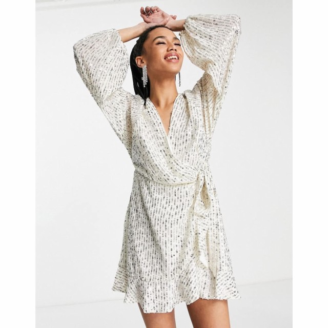 トップショップ Topshop レディース ワンピース ラップドレス ミニ丈 Sequin Ruffle Wrap Mini Dress In Ivory With Silver Embellishmen