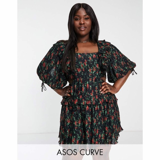 エイソス ASOS Curve レディース ワンピース ワンピース・ドレス Curve Pleat Mini Dress With Ruffle And Tie Detail In Rose Floral Pr