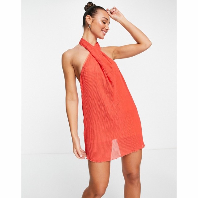 エイソス ASOS DESIGN レディース ワンピース ミニ丈 ワンピース・ドレス Plisse Halter Mini Dress In Red レッド