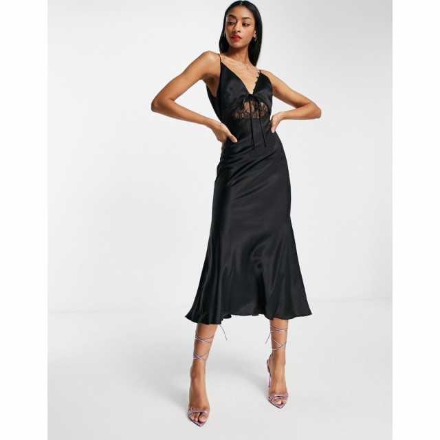 エイソス ASOS DESIGN レディース ワンピース スリップドレス ミドル丈 Bias Satin Slip Midi Dress With Delicate Lace Detail And Tie