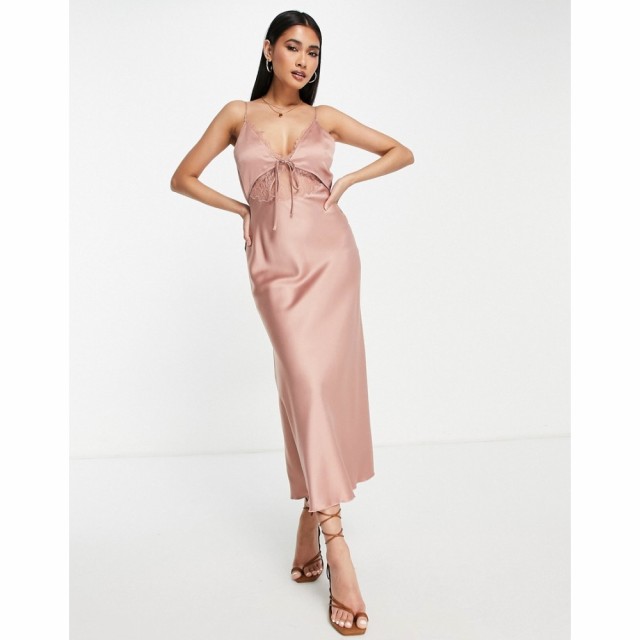 エイソス ASOS DESIGN レディース ワンピース スリップドレス ミドル丈 Bias Satin Slip Midi Dress With Delicate Lace Detail And Tie