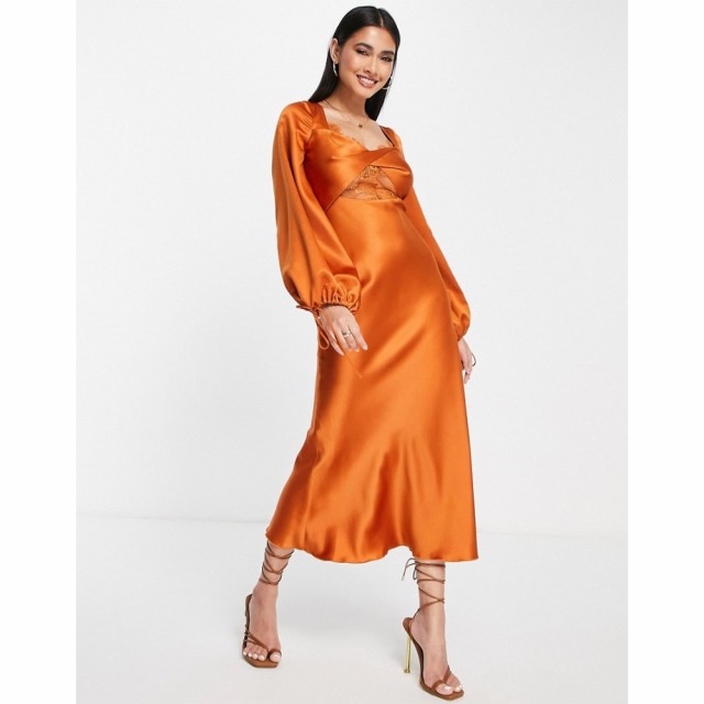 エイソス ASOS DESIGN レディース ワンピース ミドル丈 Bias Satin Long Sleeve Midi Dress With Delicate Lace Detail And Twist Front