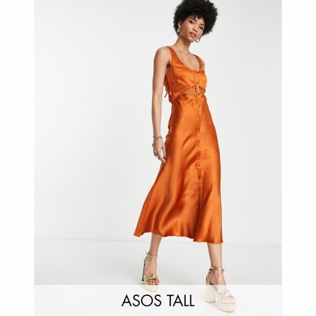 エイソス ASOS DESIGN レディース ワンピース ミドル丈 Tall Bias Satin Midi Dress With Delicate Lace Detail And Button Through Deta