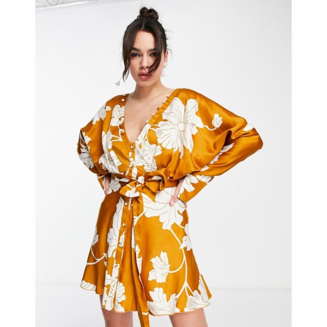 エイソス ASOS DESIGN レディース ワンピース Batwing Satin Mini Dress With Button Front Detail And Tie Front In Mustard Floral Pri