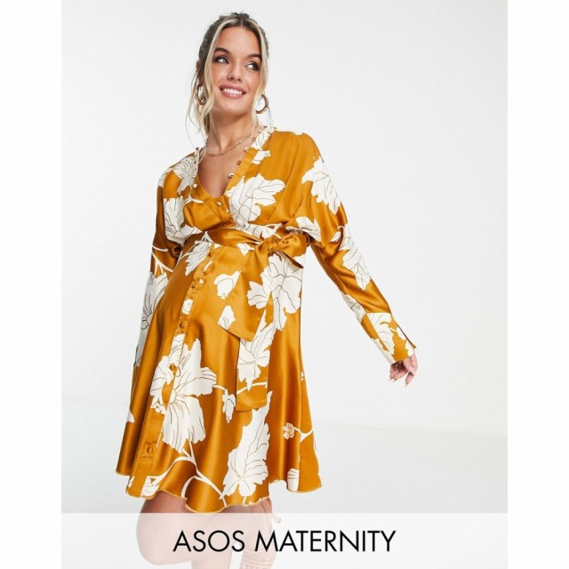 エイソス ASOS Maternity レディース ワンピース Maternity Satin Batwing Mini Dress With Button Front Detail And Tie Front In Musta