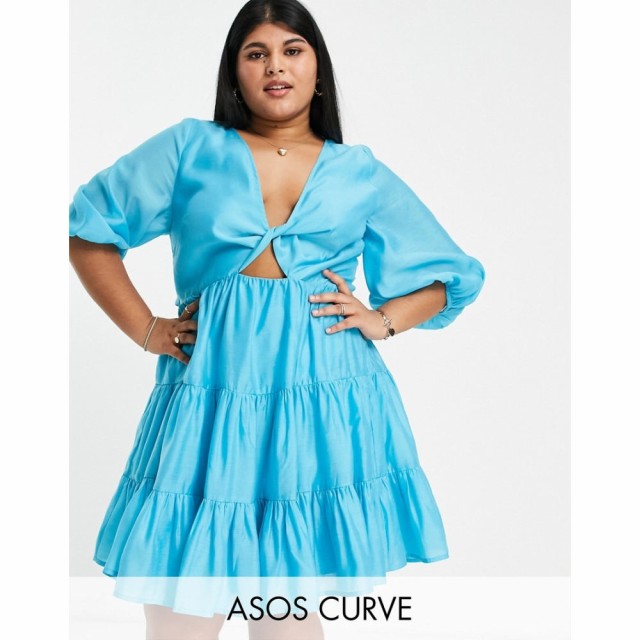 エイソス ASOS Curve レディース ワンピース Ａライン ワンピース・ドレス Curve Tiered Voile Mini Dress With Twist Front Detail ブル