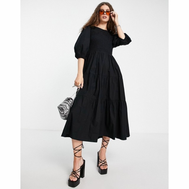 トップショップ Topshop レディース ワンピース ミドル丈 ワンピース・ドレス Shirred Puff Sleeve Midi Dress In Black ブラック