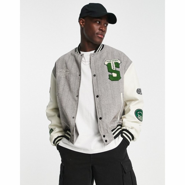 エイソス ASOS DESIGN メンズ ブルゾン アウター Oversized Varsity Jacket In Grey Herringbone Design With Contrast Black Sleeves グ