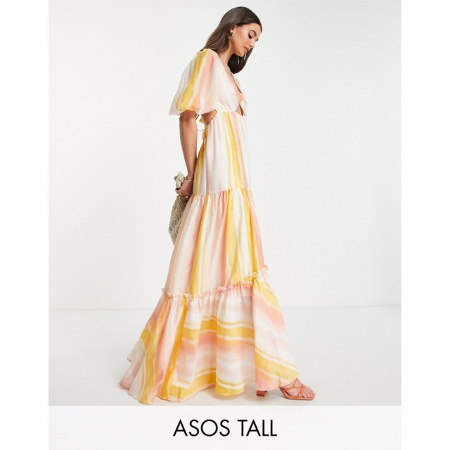 エイソス ASOS Tall レディース ワンピース Ａライン Tall Tiered Voile Maxi Dress With Twist Front Detail In Stripe イエローストラ