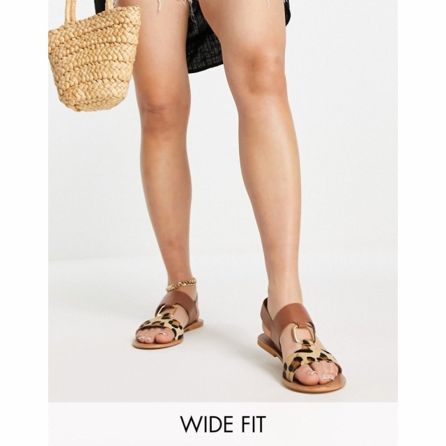 エイソス ASOS DESIGN レディース サンダル・ミュール フラット Wide Fit Fenix Leather Ring Detail Flat Sandals In Tan And Leopard