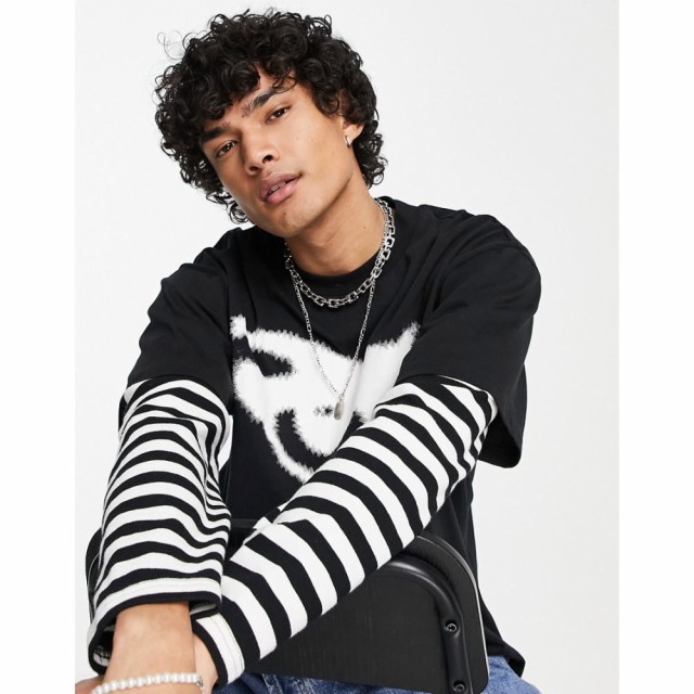 ジェイディッド ロンドン Jaded London メンズ Tシャツ トップス Oversized Double Layer T-Shirt In Black With Eye Print And Striped