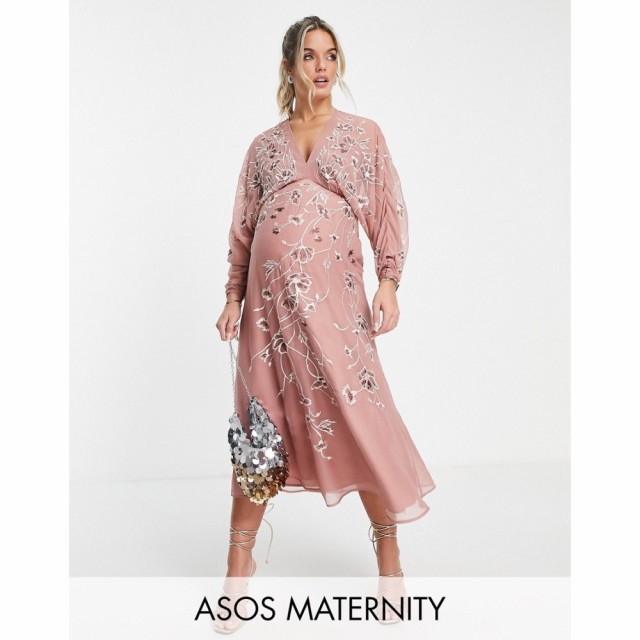 エイソス ASOS Maternity レディース ワンピース マタニティウェア ミドル丈 Maternity Floral Embroidered Batwing Midi Dress In Rose