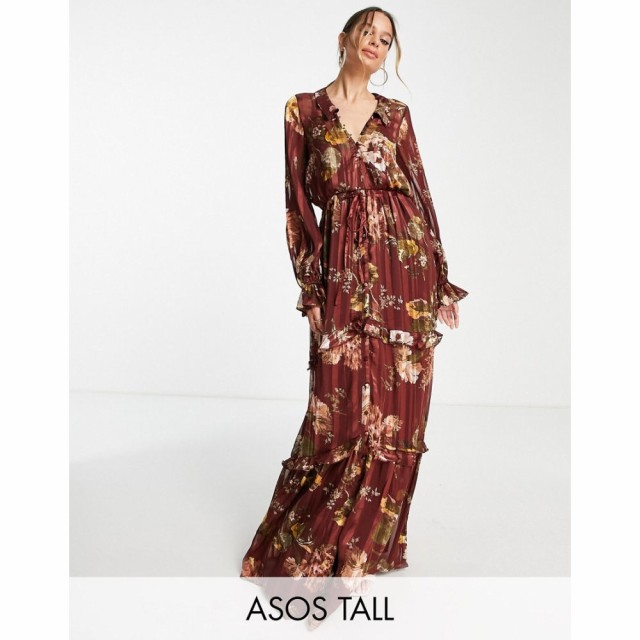 エイソス ASOS Tall レディース ワンピース Ａライン ワンピース・ドレス Tall Floral Tiered Maxi Dress With Tie Front In Satin Strip