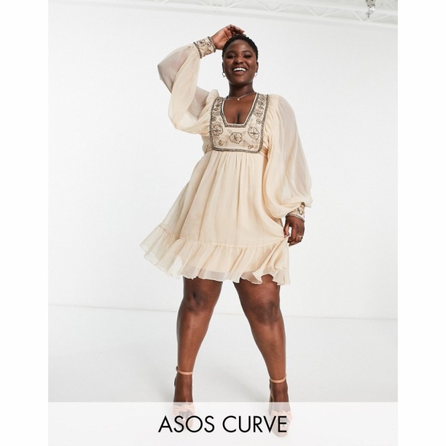 エイソス ASOS Curve レディース ワンピース ミニ丈 Curve Blouson Sleeve Mini Dress With Floral Embellished Bodice Detail In Stone