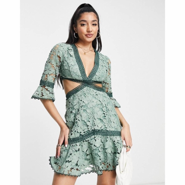 エイソス ASOS DESIGN レディース ワンピース ミニ丈 Lace Mini Dress With Circle Trim And Cut Out Detail In Sage Green アップルグリ