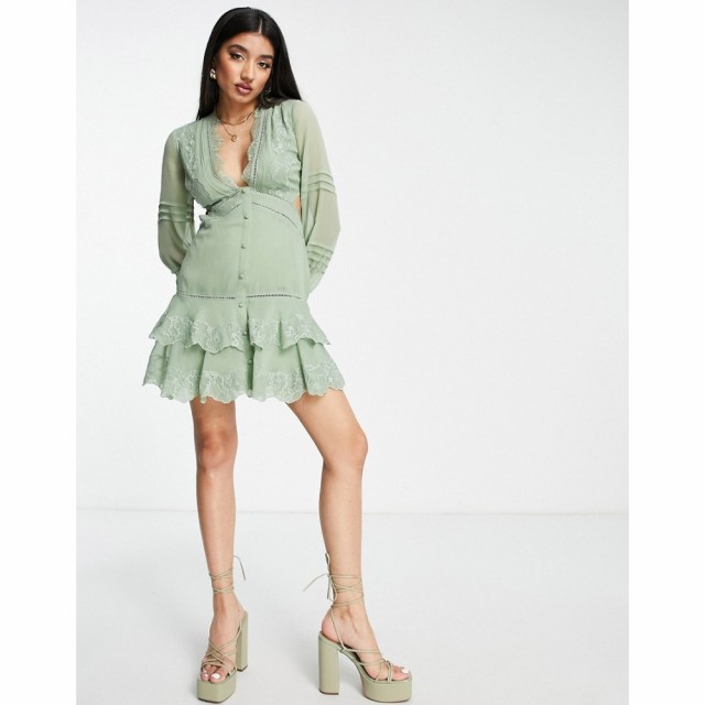 エイソス ASOS DESIGN レディース ワンピース Ａライン ワンピース・ドレス Chiffon Tiered Mini Dress With Lace Applique In Olive オ