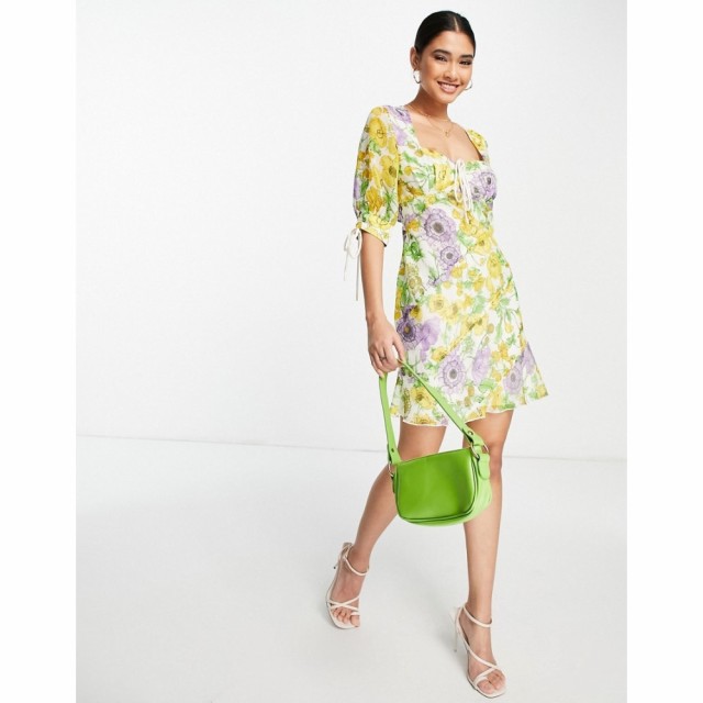 エイソス ASOS DESIGN レディース ワンピース ワンピース・ドレス Bias Chiffon Mini Dress With Tie Front In Yellow Floral Print イエ