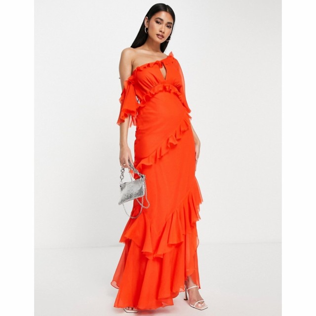 エイソス ASOS DESIGN レディース ワンピース マキシ丈 ワンピース・ドレス Fallen Shoulder Maxi Dress With Bias Ruffle Detail In Red