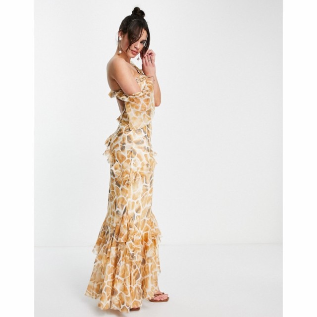 エイソス ASOS DESIGN レディース ワンピース マキシ丈 Fallen Shoulder Maxi Dress With Bias Ruffle Detail In Animal Print アニマル