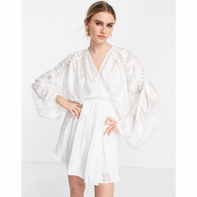 エイソス ASOS DESIGN レディース ワンピース ミニ丈 ワンピース・ドレス Satin Stripe Blouson Mini Dress With Ring Detail In White