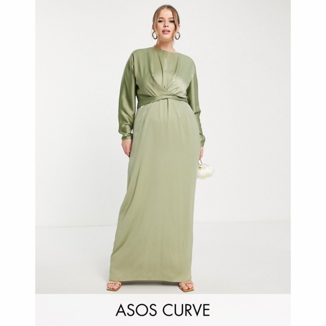 エイソス ASOS Curve レディース パーティードレス ラップドレス マキシ丈 Curve Bridesmaid Satin Maxi Dress With Batwing Sleeve And