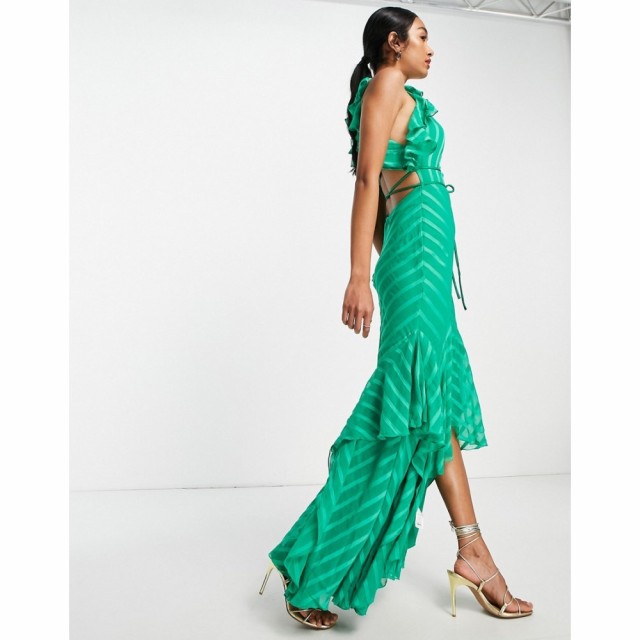 エイソス ASOS DESIGN レディース ワンピース マキシ丈 Satin Stripe Halter Maxi Dress With Drape Ruffle And Tie Detail In Green グ