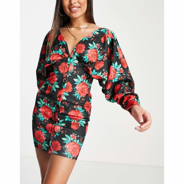 エイソス ASOS DESIGN レディース ボディコンドレス タイト ミニ丈 ワンピース・ドレス Volume Sleeve Rose Floral Button Bodycon Mini