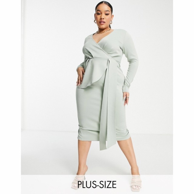 エイソス ASOS Curve レディース ボディコンドレス ラップドレス タイト ミドル丈 Curve Wrap Tie Side Bodycon Midi Dress In Sage セー