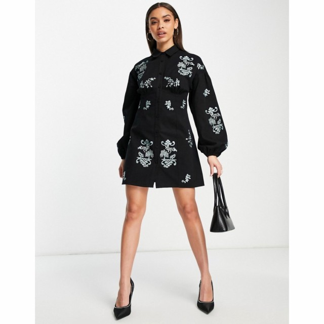 エイソス ASOS DESIGN レディース ワンピース ミニ丈 シャツワンピース Casual Embroidered Mini Shirt Dress With Bust Detail In Black